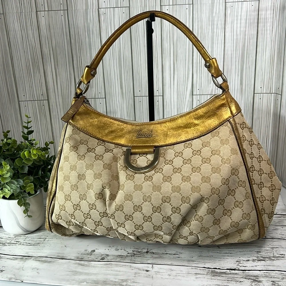 GUCCI GG Canvas Gold Leather Hobo Shoulder Bag - Picture 2 of 14